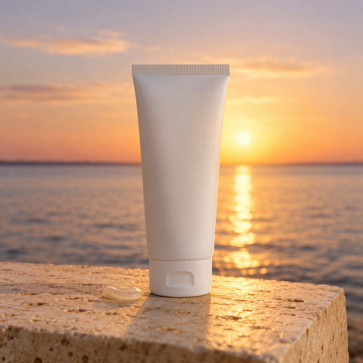 An unbranded white tube of mineral sunscreen on a stone ledge by a lake at sunrise, its front left blank for a brand.