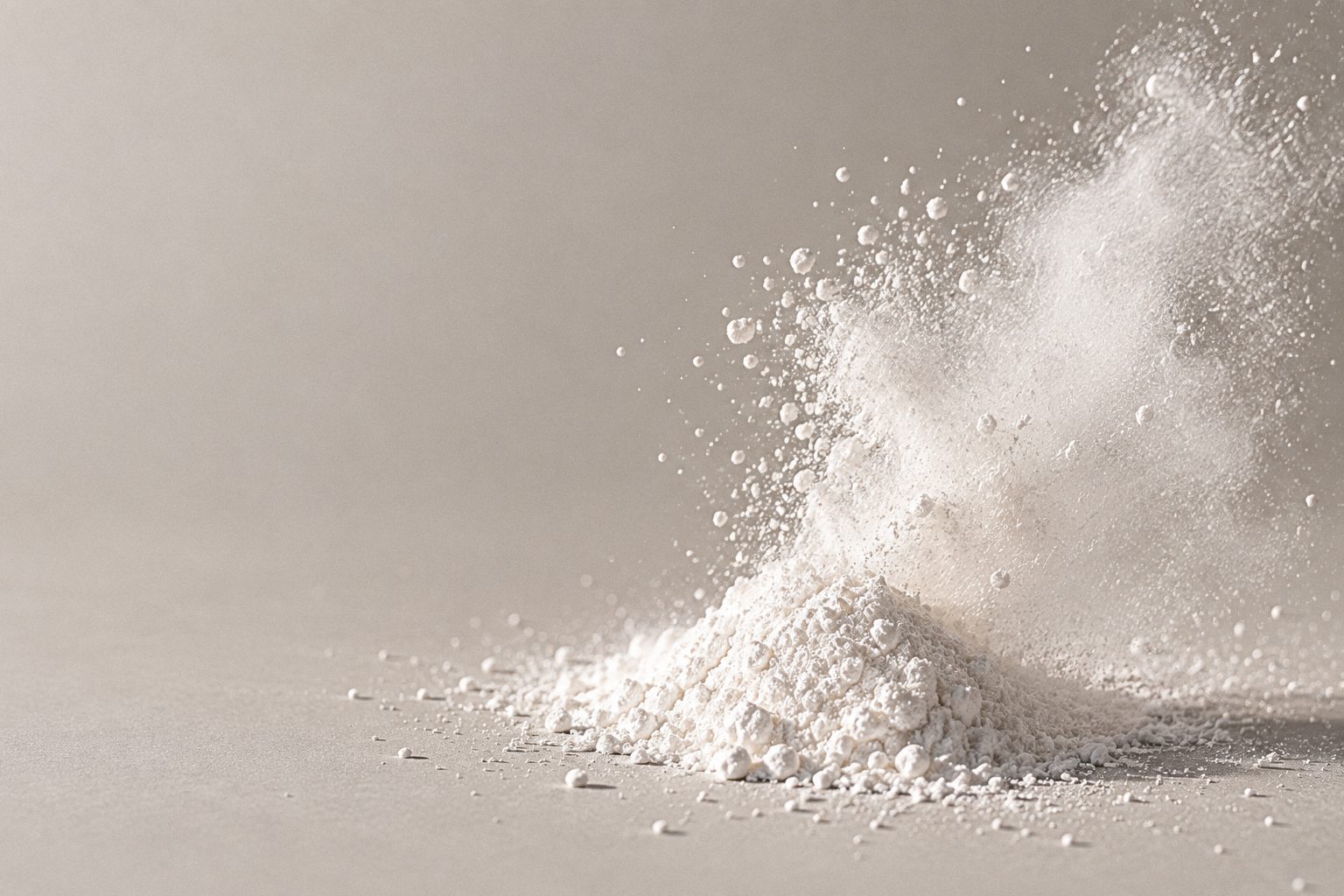 A soft burst of fine white mineral powder lifting from a small heap on pale grey paper.