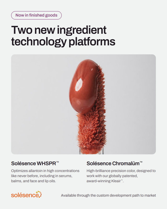 Redesign: Now in finished goods. Two new ingredient technology platforms. The lip colour macro, then Solésence WHSPR™ and Solésence Chromalüm™, each with a line from the caption. Available through the custom development path to market.