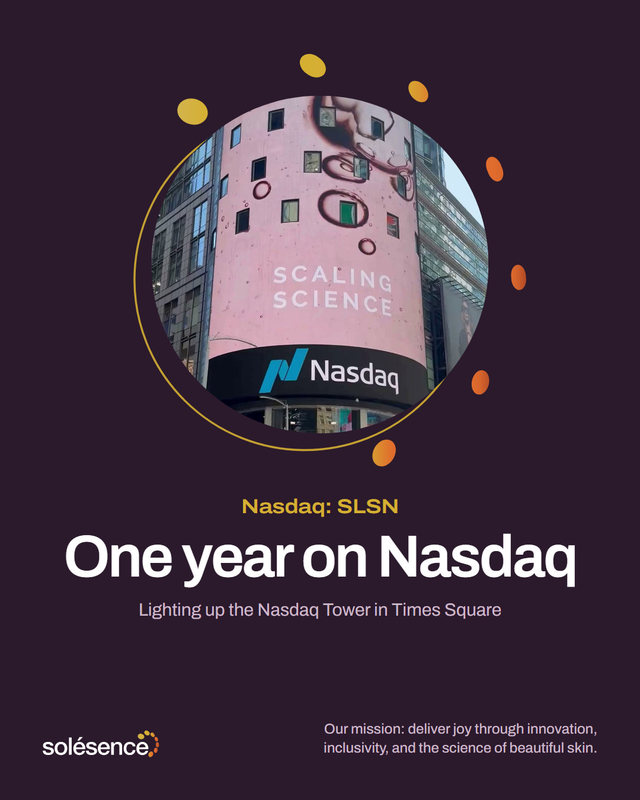 Redesign: the pink Nasdaq Tower in a circle orbited by the seven Solésence dots. Nasdaq: SLSN. One year on Nasdaq. Lighting up the Nasdaq Tower in Times Square.