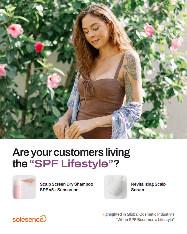 Redesign: the garden portrait, then Are your customers living the SPF Lifestyle? with Scalp Screen Dry Shampoo SPF 45+ Sunscreen and Revitalizing Scalp Serum, highlighted in Global Cosmetic Industry's When SPF Becomes a Lifestyle.