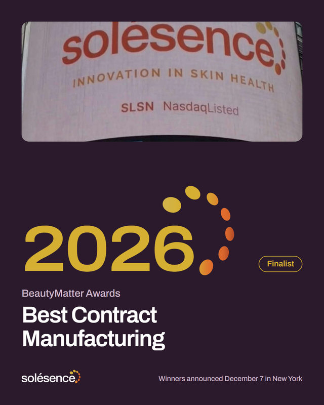 Redesign: the Nasdaq Tower screen showing the Solésence logo, then 2026 with the logo's dots, Finalist, BeautyMatter Awards, Best Contract Manufacturing. Winners announced December 7 in New York.