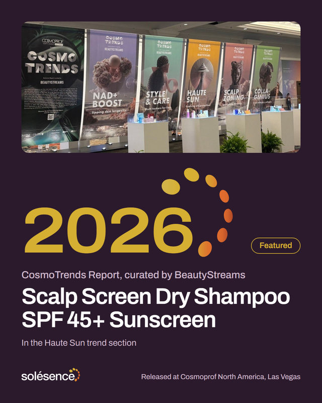 Redesign: the CosmoTrends display, then 2026 with the logo's dots, Featured, CosmoTrends Report curated by BeautyStreams: Scalp Screen Dry Shampoo SPF 45+ Sunscreen, in the Haute Sun trend section.