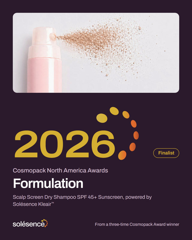 Redesign: the Scalp Screen spray, then 2026 with the logo's dots, Finalist, Cosmopack North America Awards, Formulation: Scalp Screen Dry Shampoo SPF 45+ Sunscreen, powered by Solésence Kleair™. From a three-time Cosmopack Award winner.