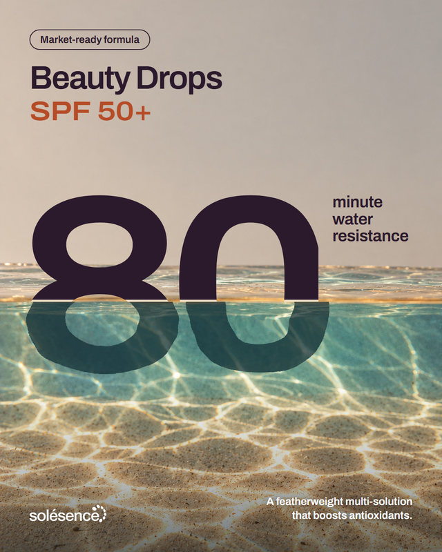 New concept post. Beauty Drops SPF 50+, a market-ready formula. A huge 80 stands half in clear water, crisp above the surface and rippled below it, beside the words minute water resistance. A featherweight multi-solution that boosts antioxidants.