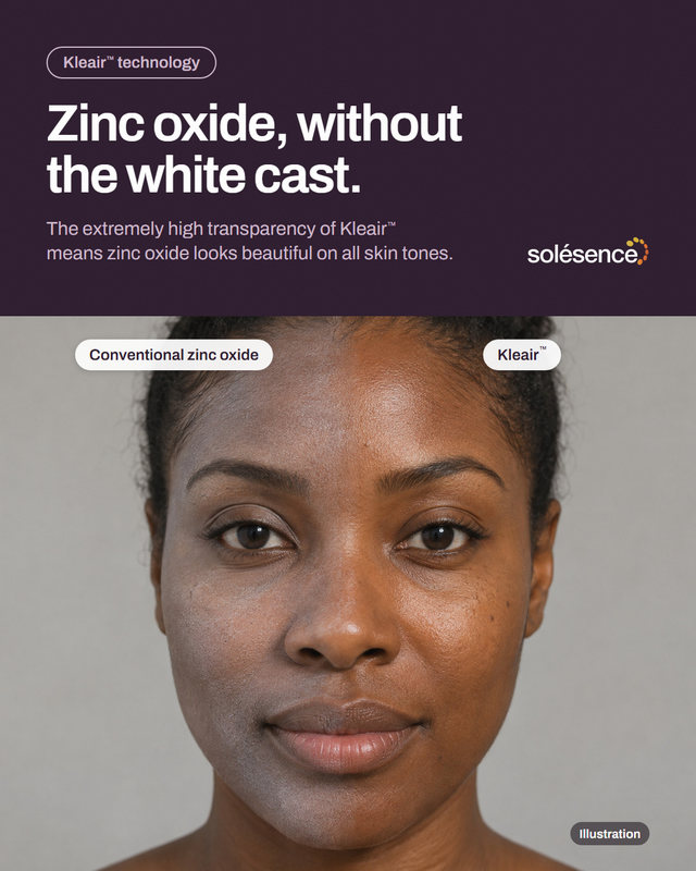 New concept post. Zinc oxide, without the white cast: the extremely high transparency of Kleair means zinc oxide looks beautiful on all skin tones. Below, a close-up of a woman with deep brown skin. The left half of her face, labelled Conventional zinc oxide, has a faint ashy grey cast; the right half, labelled Kleair, looks natural. Marked Illustration.