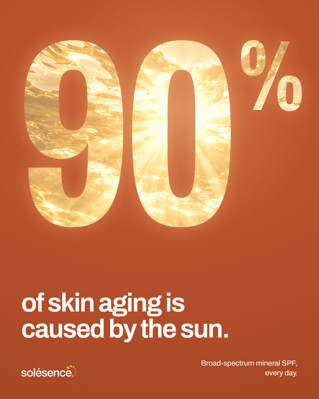 New concept post. On burnt orange, the figure 90% is filled with sunlight shining through water, and its rays fall on the words: of skin aging is caused by the sun. Broad-spectrum mineral SPF, every day.