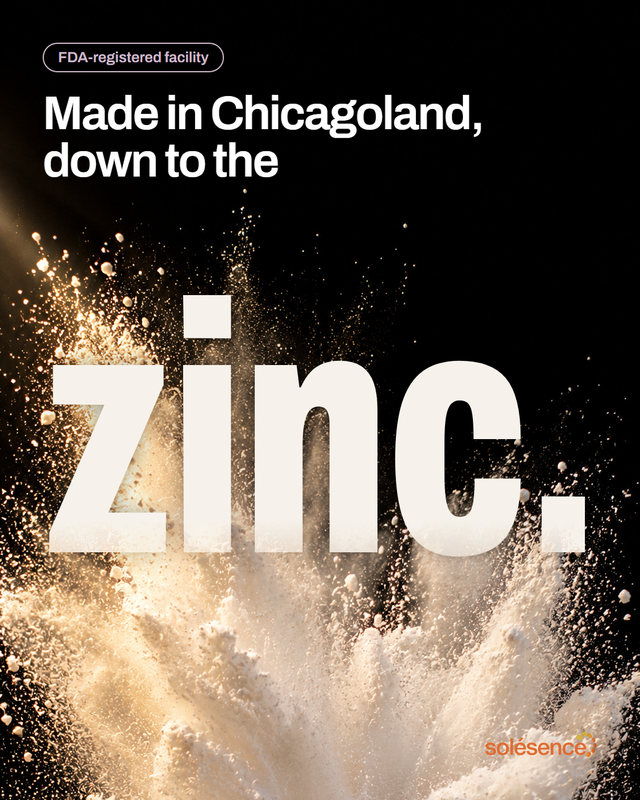 New concept post. Made in Chicagoland, down to the zinc. The last word, zinc, stands huge in white and sinks into a burst of white mineral powder on black. FDA-registered facility.