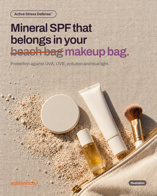 New concept post. Mineral SPF that belongs in your makeup bag, with the words beach bag struck out. Below, sand spills out of an open makeup bag with an unbranded compact, tube, lip oil and brush. Protection against UVA, UVB, pollution and blue light. Marked Illustration.